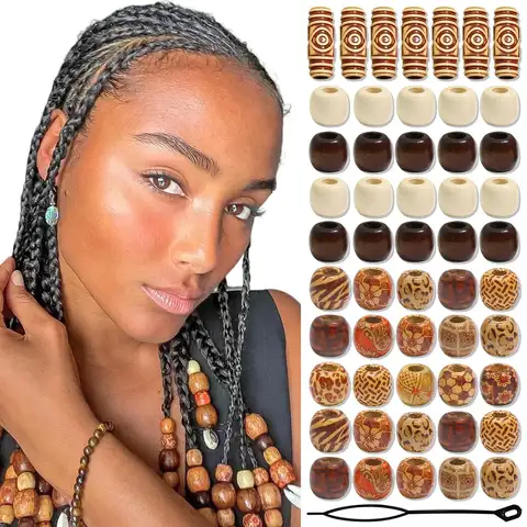 60 Pcs Dreadlock Painted Large Hole Wooden Beads Hair Accessory Parts for Dreadlock & Wig Making