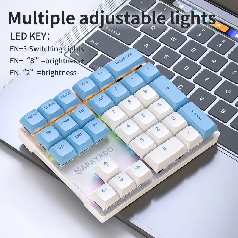 APAYADO K33 Mini klawiatura numeryczna 33 klawisze, niebieski wał mechaniczny, nasadki klawiszy RGB, PBT do skarbów / rachunkowości / finansów