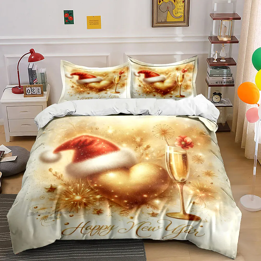 Golden-themed New Year greeting with champagne and sparkles Print Duvet Cover Bedding Set Included 1*Duvet Cover 2*Pillowcases