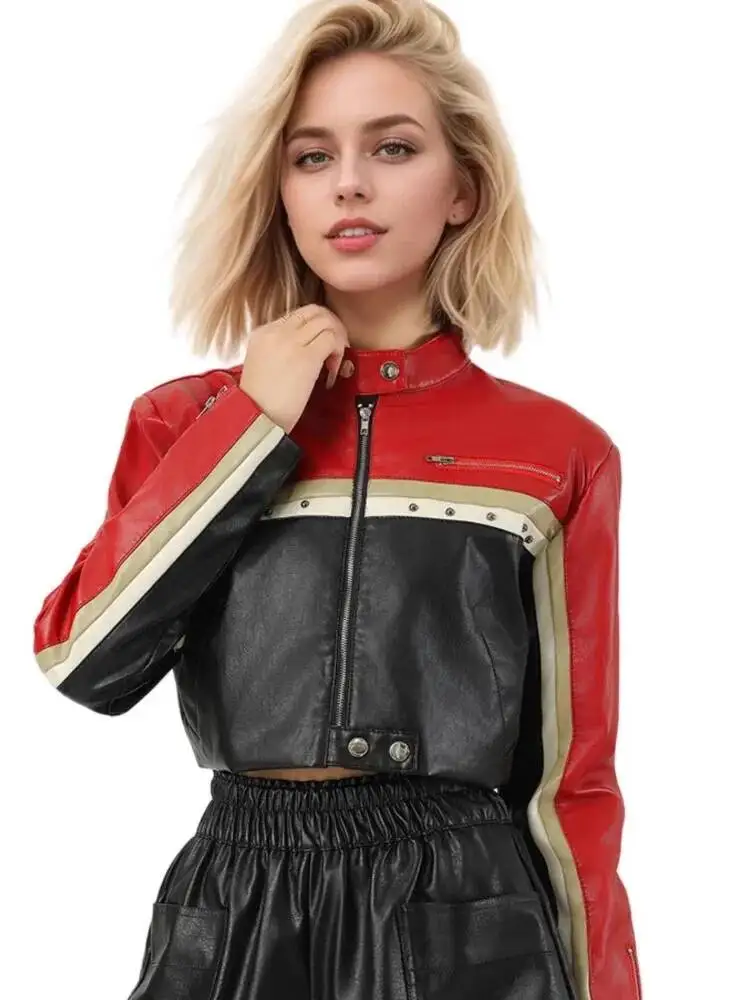 Cool Handsome Motorcycle Women's Waist Casual Contrast Splicing PU Leather Short Jacket New Fashion Female Zipper Coat