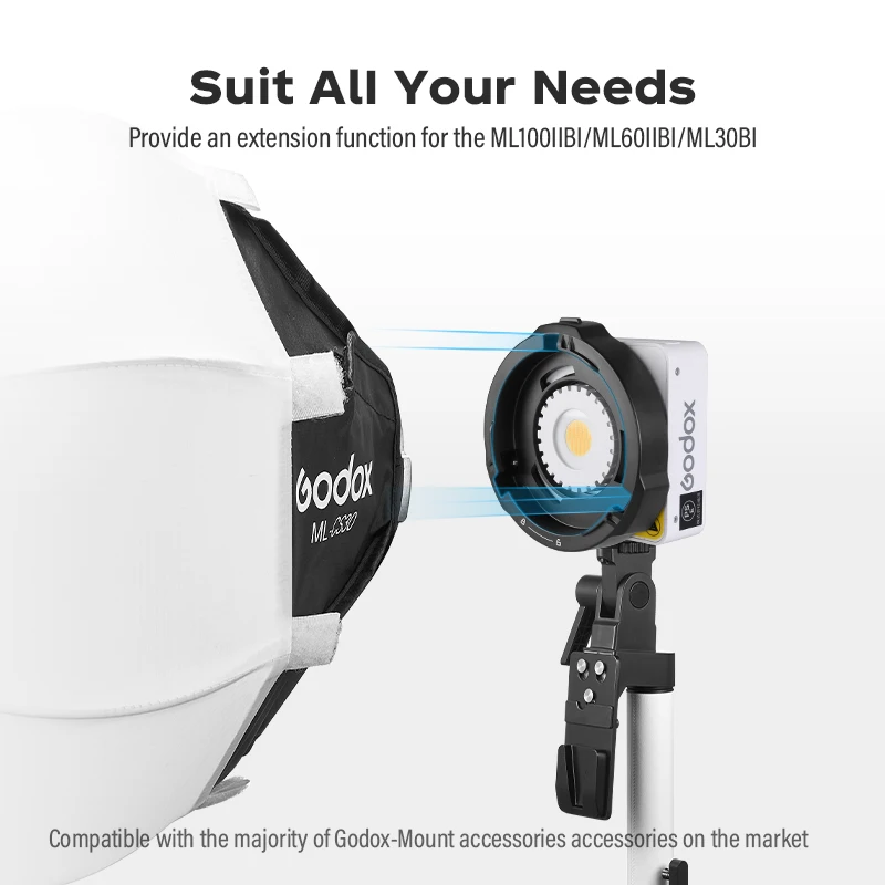 Godox ML-GB Bowens لـ ML100Bi & ML60IIB AD300Pro AD400Pro Flash Godox ML30، ML30Bi، ML60، ML60Bi إلى Bowens حلقة محول تركيب