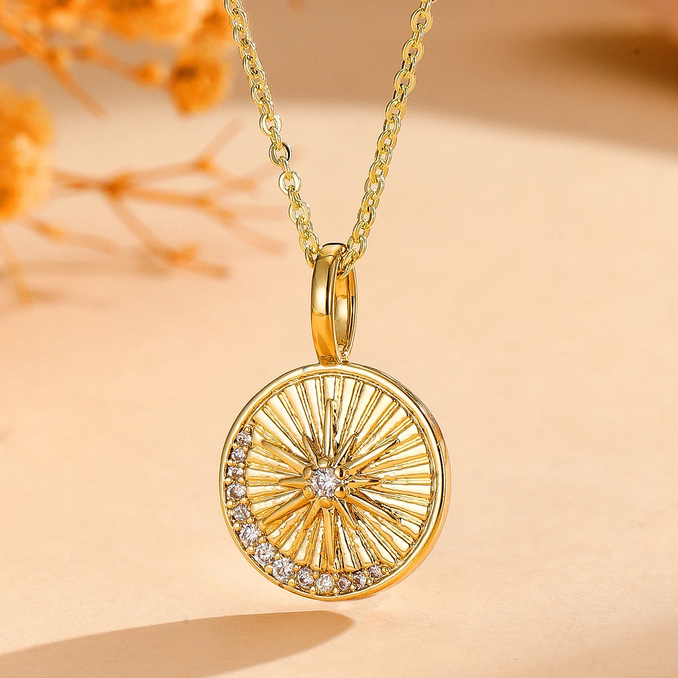 

European and American copper inlaid zircon fashion ins wind octagram sun star lucky star moon retro pendant necklace