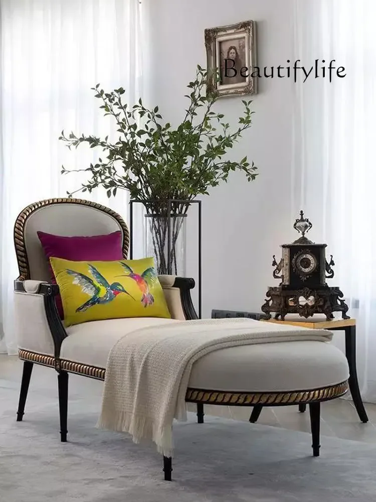 l  French antique solid wood chaise longue living room balcony fabric sofa recliner