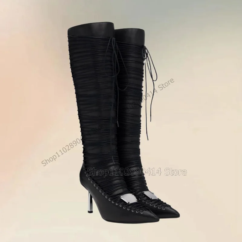 Black Cross Tied Strappy Metal Heel Pointed Toe Boots Back Zipper Women Shoes Thin High Heels New Party 2024 Zapatos Para Mujere