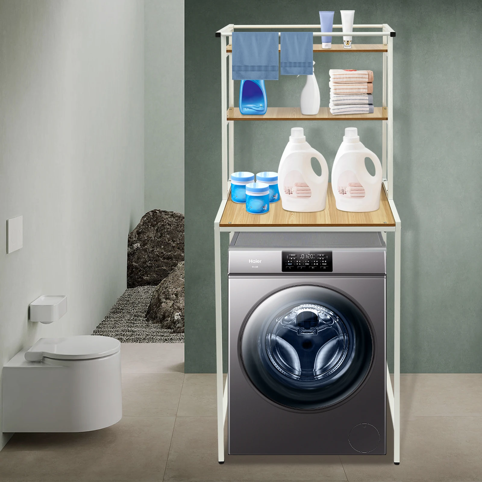رف تخزين للغسالة والمجفف، رف منظم للحمام من 3 طبقات، رف تخزين قائم موفر للمساحة #4