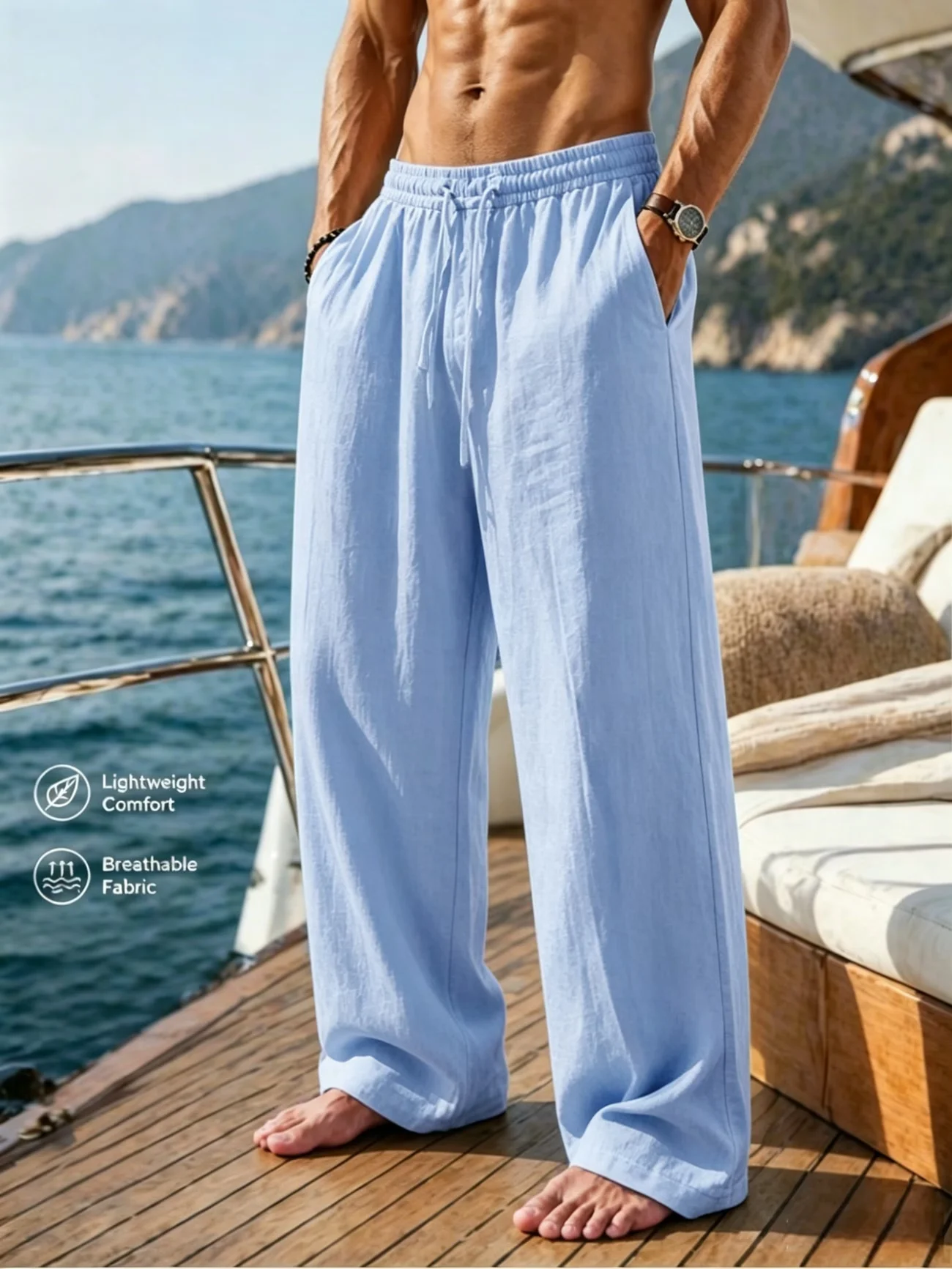 Herren Baumwoll-Leinen-Hose mit Weitem Bein, Elastischem Bund und Kordelzug, Leichte Atmungsaktive Sommer-Strand-Freizeithose – Detail 3