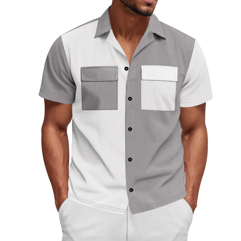 

Heavy corduroy summer men's casual shirt loose color matching pocket tooling short-sleeved shirt