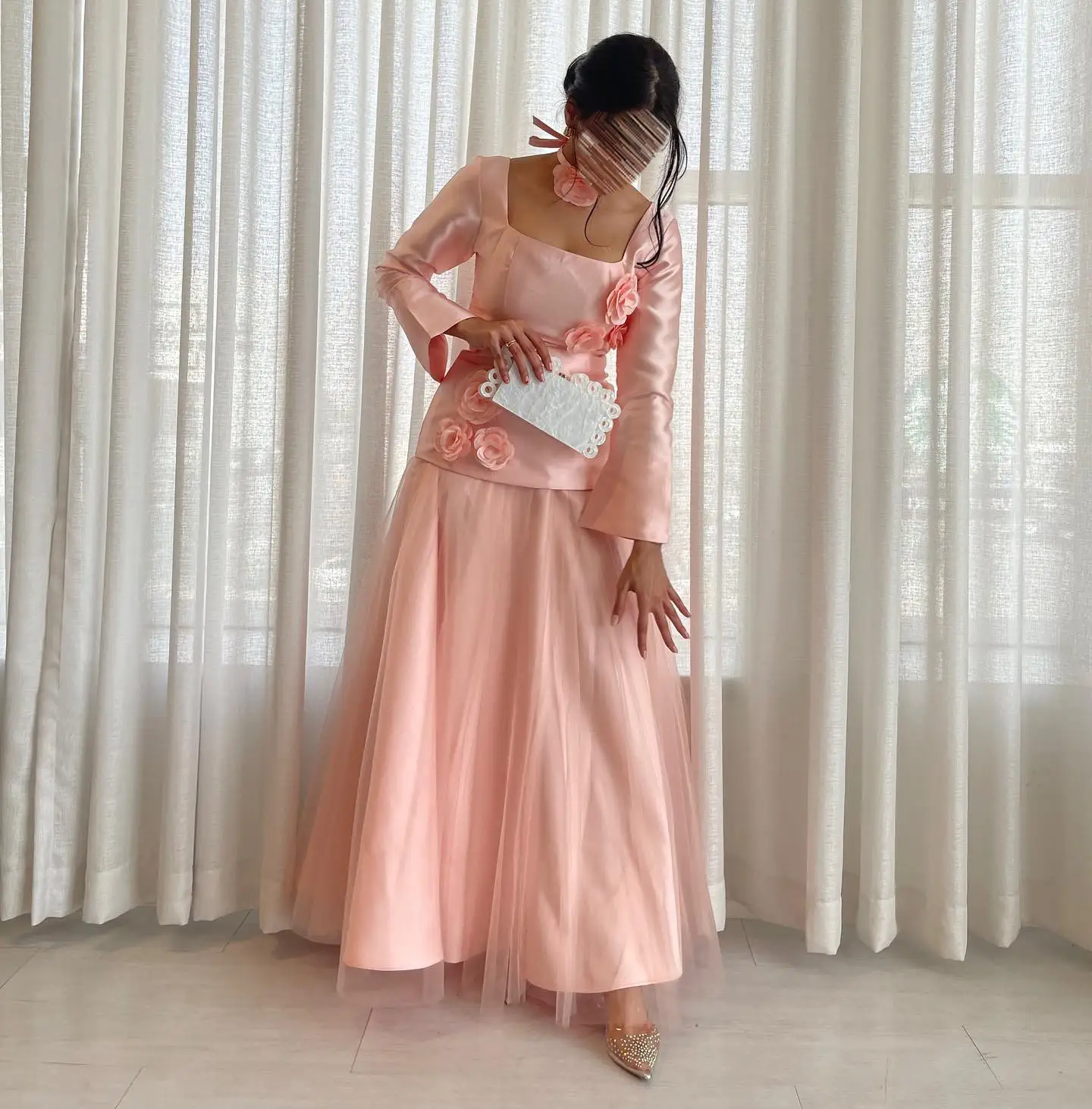 Customized High Quality Satin 3D Flowers Evening Dresses Exquisite Long Sleeves Square Neck Prom Dress Custom Size Par