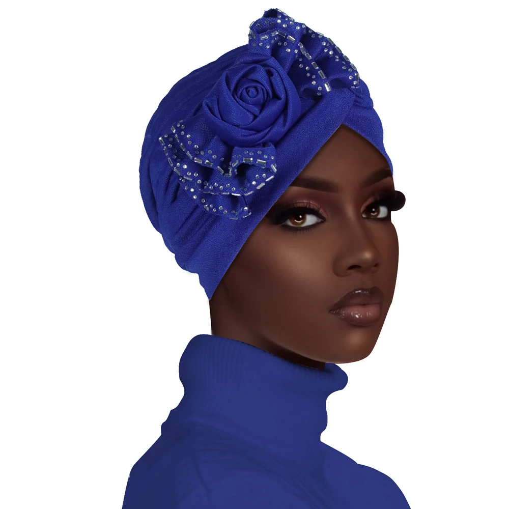 

Flower Diamonds Turban Pleated Hijab Hat Women Chemo Cap Muslim Headscarf Beanies Bonnet Arab Islamic Hair Loss Turbante Mujer