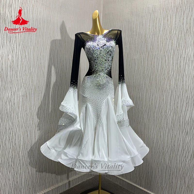 Luxury AB Stones Social Dance Flared Long Sleeves Dress Custom Adult&Child Waltz Tango Perform Backless Attire Dancer's Vitality