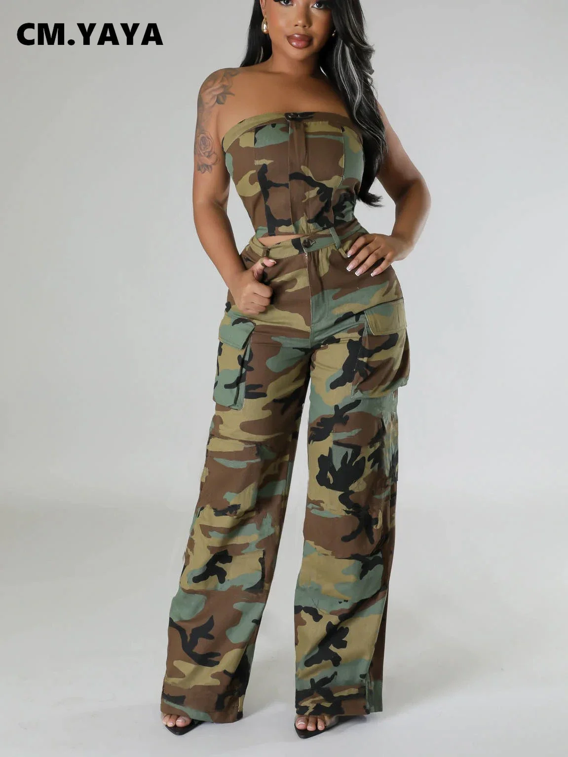 Fashion Camouflage Women's Set Button Front Strapless Crop Top and Wide Leg Pants 2024 Two 2 Piece Sets Outfit Tracksuit