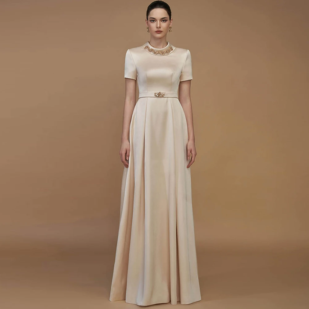 

Formal Satin Short Sleeves Evening Dress Classic O-Neck Prom Dresses Fashion Crystal Sashes Customized Special Occasion Gowns