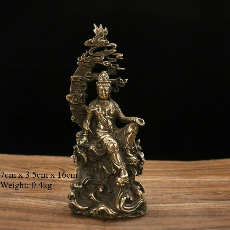 Retro Antique Brass Sculpture Water-Moon Guanyin Desktop Feng Shui Ornament Amulet Craft Gift Home Altar Decor