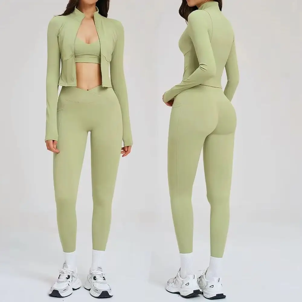 

Спортивный костюм для йоги и фитнеса, 3 предмета: топ с длинным рукавом, леггинсы, спортивный бюстгальтер. Женский комплект для тренировок, бега, йоги.