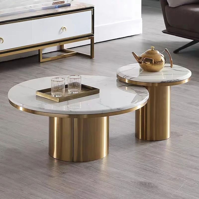 Round Coffee Table Nordic Style Golden Stainless Steel Base Sintered Stone Top for Hotel Home Living Room Furniture