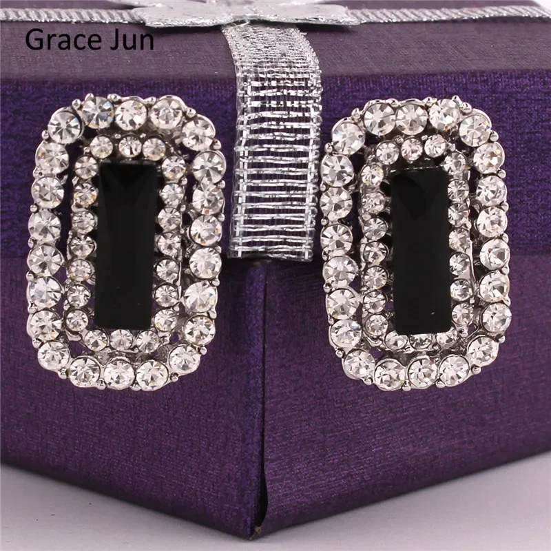 Grace Jun 3 Colors for Choose Silver Plated Rhinestone Crystal Retangle Clip on Earrings Without Piercing Fashion Jewelry Bijoux