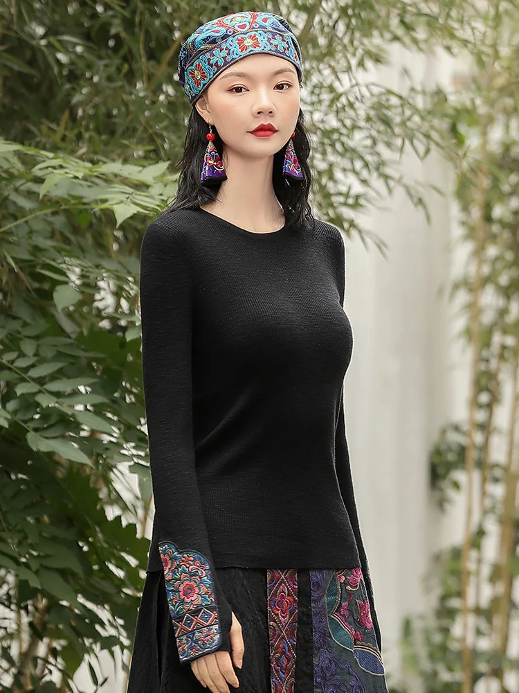 Chinese Vintage Long Sleeves Top Women Slim Black Embroidery Cotton Pullover O-neck National Style Blouse Spring Autumn T-shirt