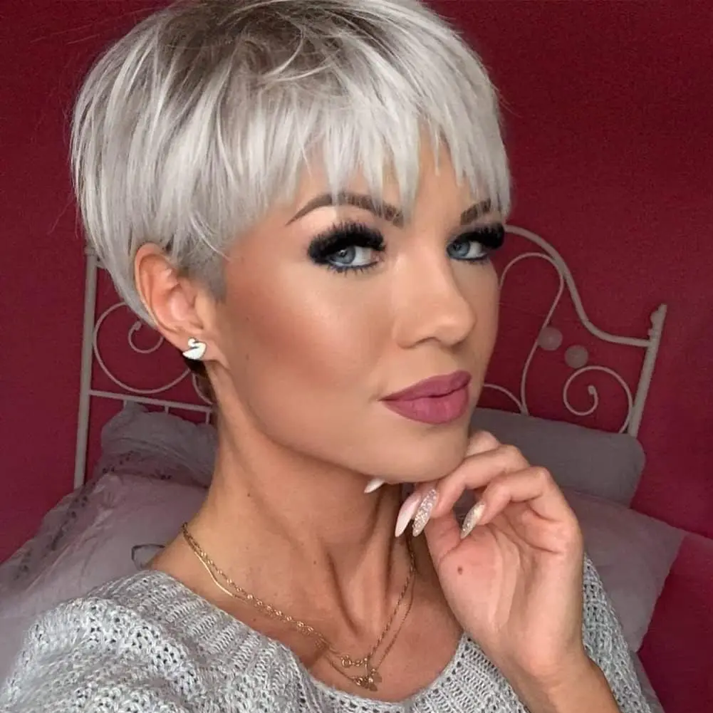 

Silvery Grey Pixie Cut Human Hair Wig with Bangs Remy Brazilian Glueless Short Layered Pixie Cut Wig Straight Bob for Women