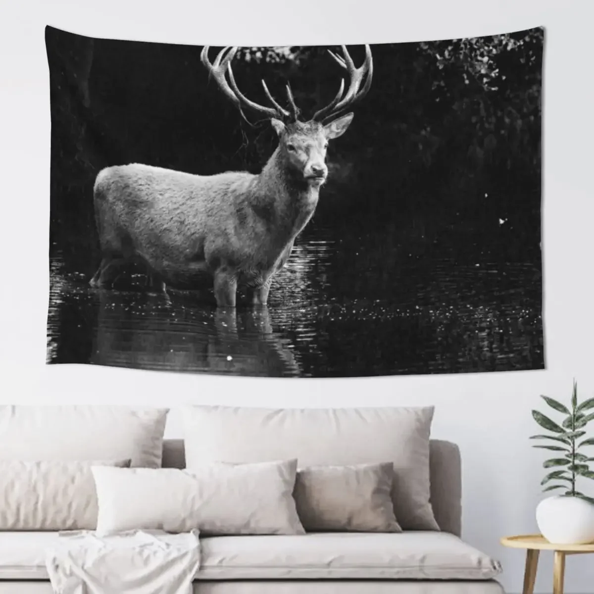 Deer Stag in River - Black and White Tapestry Wall Decor Hanging Cute Room Decor Custom Tapestry