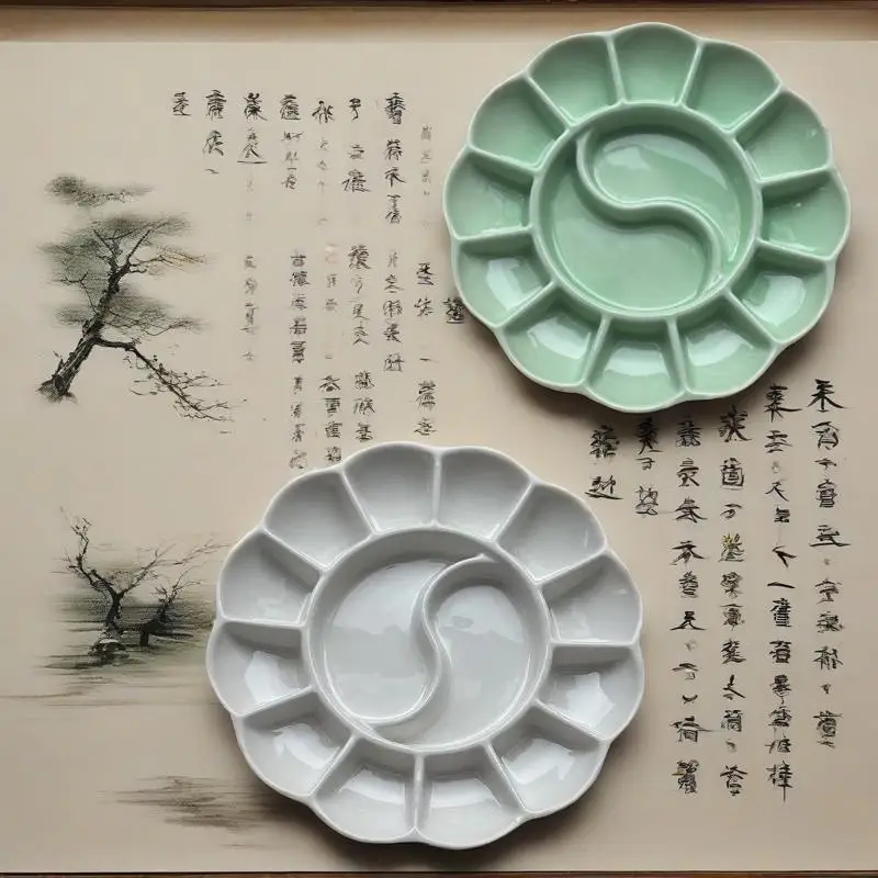 14 Well Chinese Style Ceramic Palette 16x2.2cm Easy To Clean Acrylic Watercolor Gouache Oil Painting Color Mixing and Adjustment