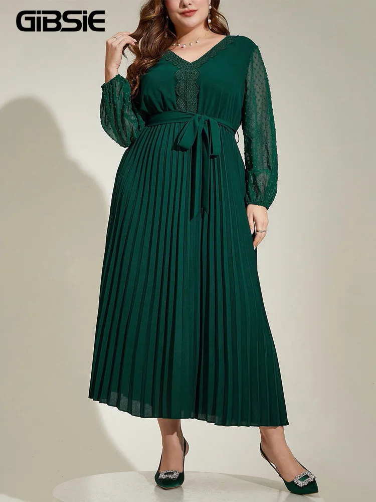 GIBSIE Plus Size Swiss Dot Mesh Sleeve Belted Dress Women 2026 Spring New Contrast Lace V-Neck Big Swing Pleated Long Dresses