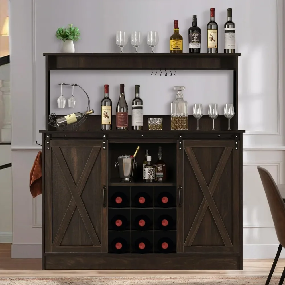 

Farmhouse Coffee Bar Cabinet with 6 Hooks, 47” Liquor Wine Bar Cabinet with 9 Wine Racks, Kitchen Buffet Storage Cabinet