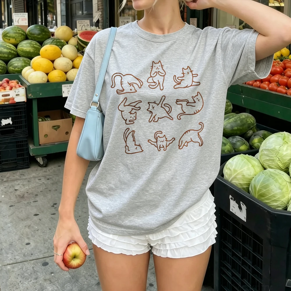 Minimalist Line Drawing Multiple Cat Poses T Shirt Women Simple Sketch Kitten Grid Graphic Casual Loose Cotton Pet Lover Blouse