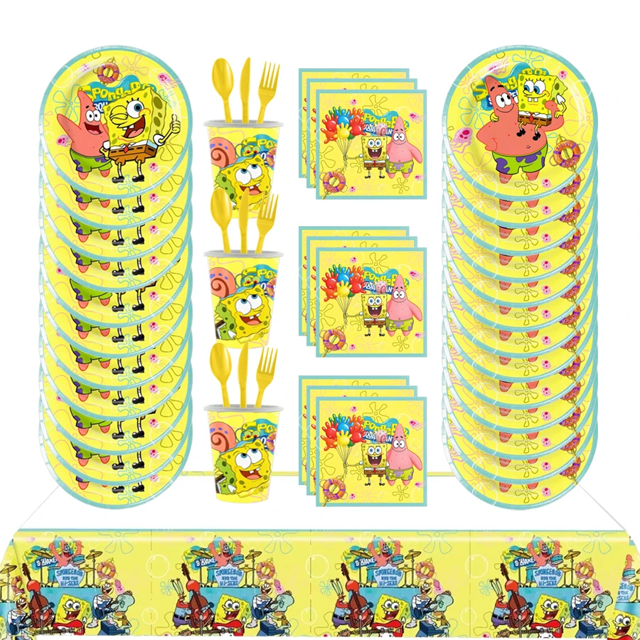 

Spongebob Anime Disposable Tablewares Set Paper Cups And Cake Topper for Birthday Christmas Party Supplies Favors Gift Bag