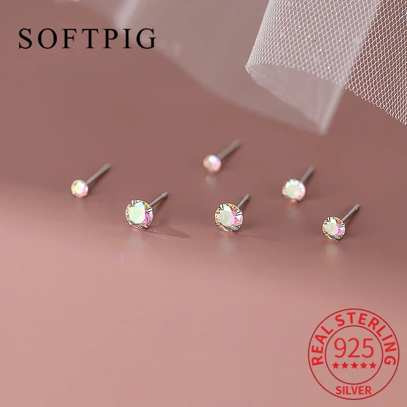 

SOFTPIG Real 925 Sterling Silver Shiny Mini 3/4/5mm Round Fantastic Zircon Stud Earrings for Women Minimalist Piercing Ear Hole