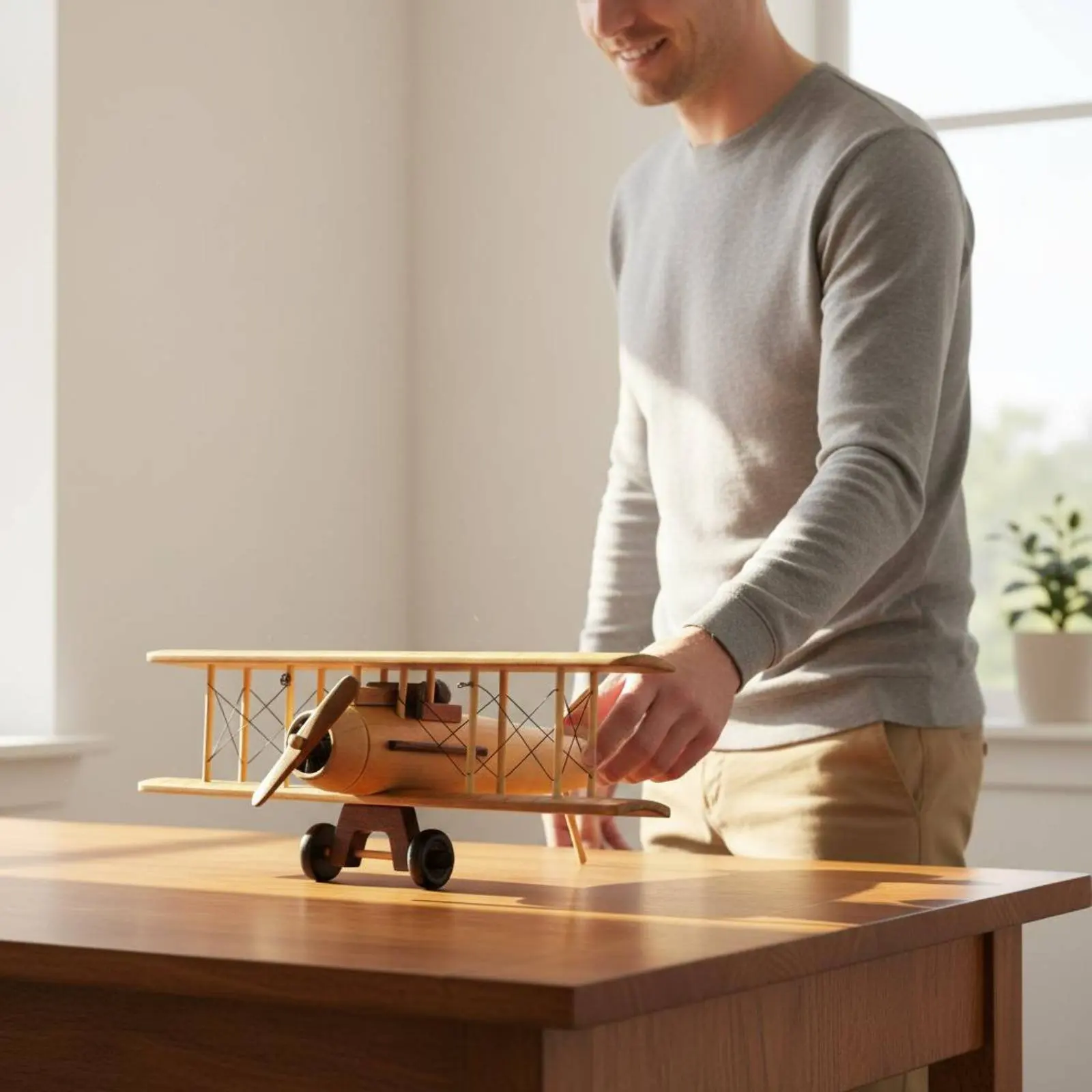 Wooden Biplane Model Rustic Finish Wooden Airplane Model Vintage Biplane Ornament Handmade Look Display Piece Sturdy for Office view 4