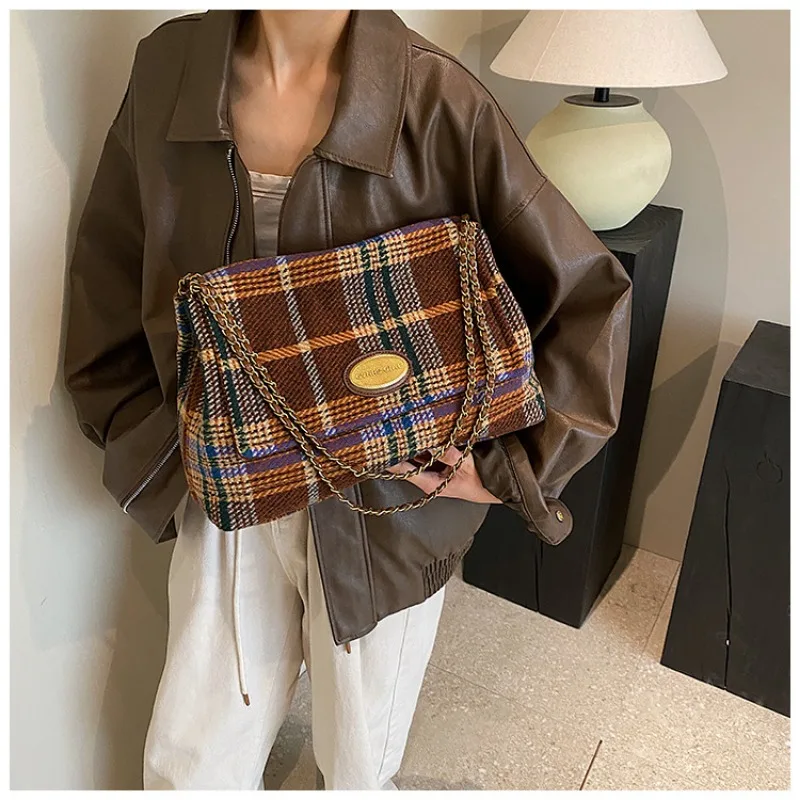 New Fashion Bags for Women Tweed Plaid Retro Single Shoulder Crossbody Bag Large Capacity Leisure Ladies Purses and Handbags