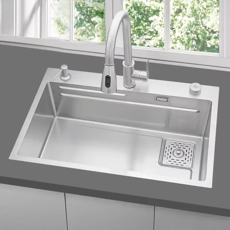 Modern 304 Stainless Steel Kitchen Sink Single Bowl Rectangular with Faucet and Drainage Board Topmount or Undermount