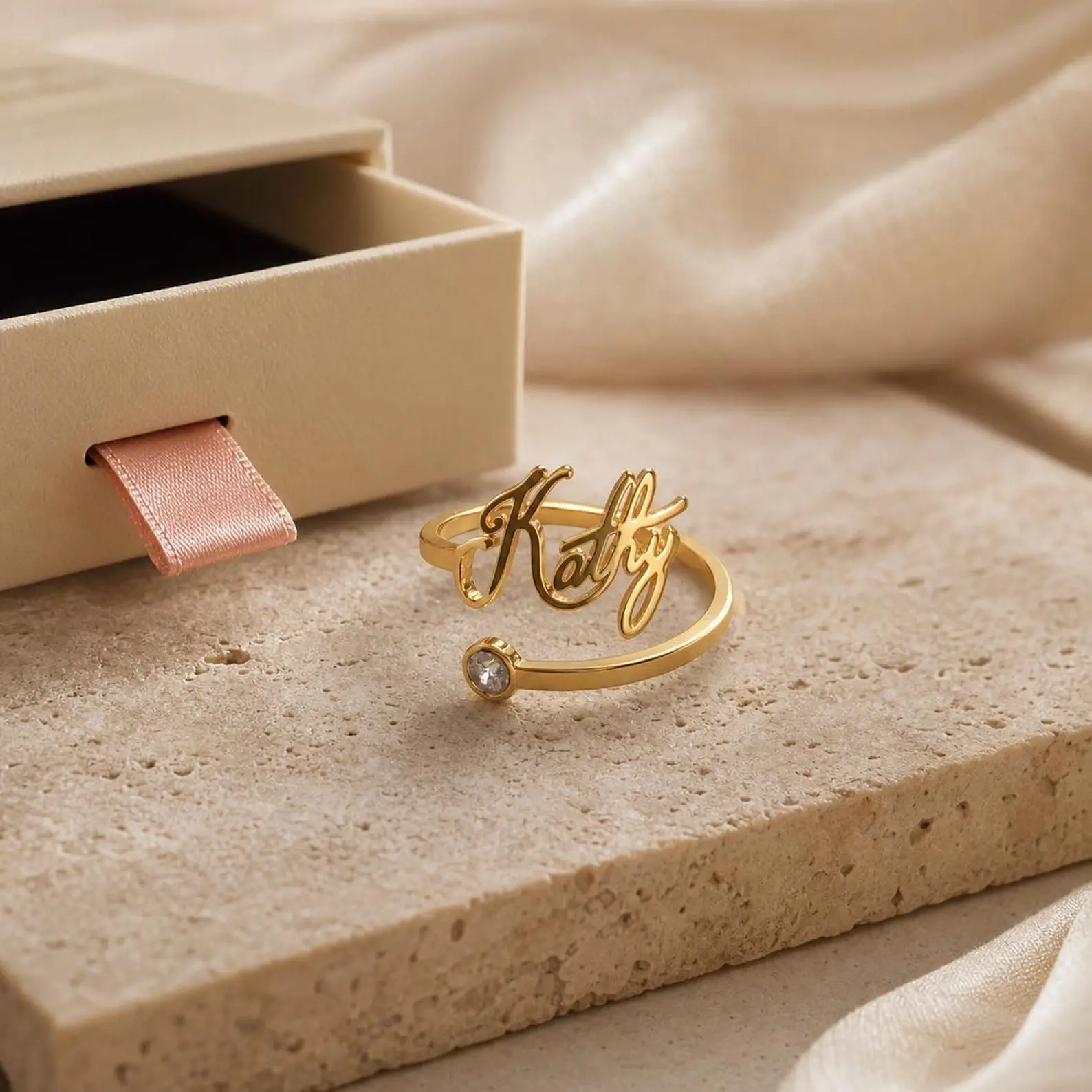 Custom Name Birthstone Ring Stainless Steel Handwriting Script Open Ring Personalized Engraved Adjustable Finger Ring Women Jewe