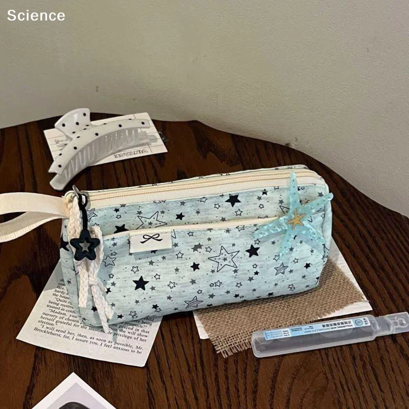 Kawaii Star Print Zipper Pouch Portable Canvas Makeup Bag Spacious Desk Organizer For Students Pens Cables Daily Use
