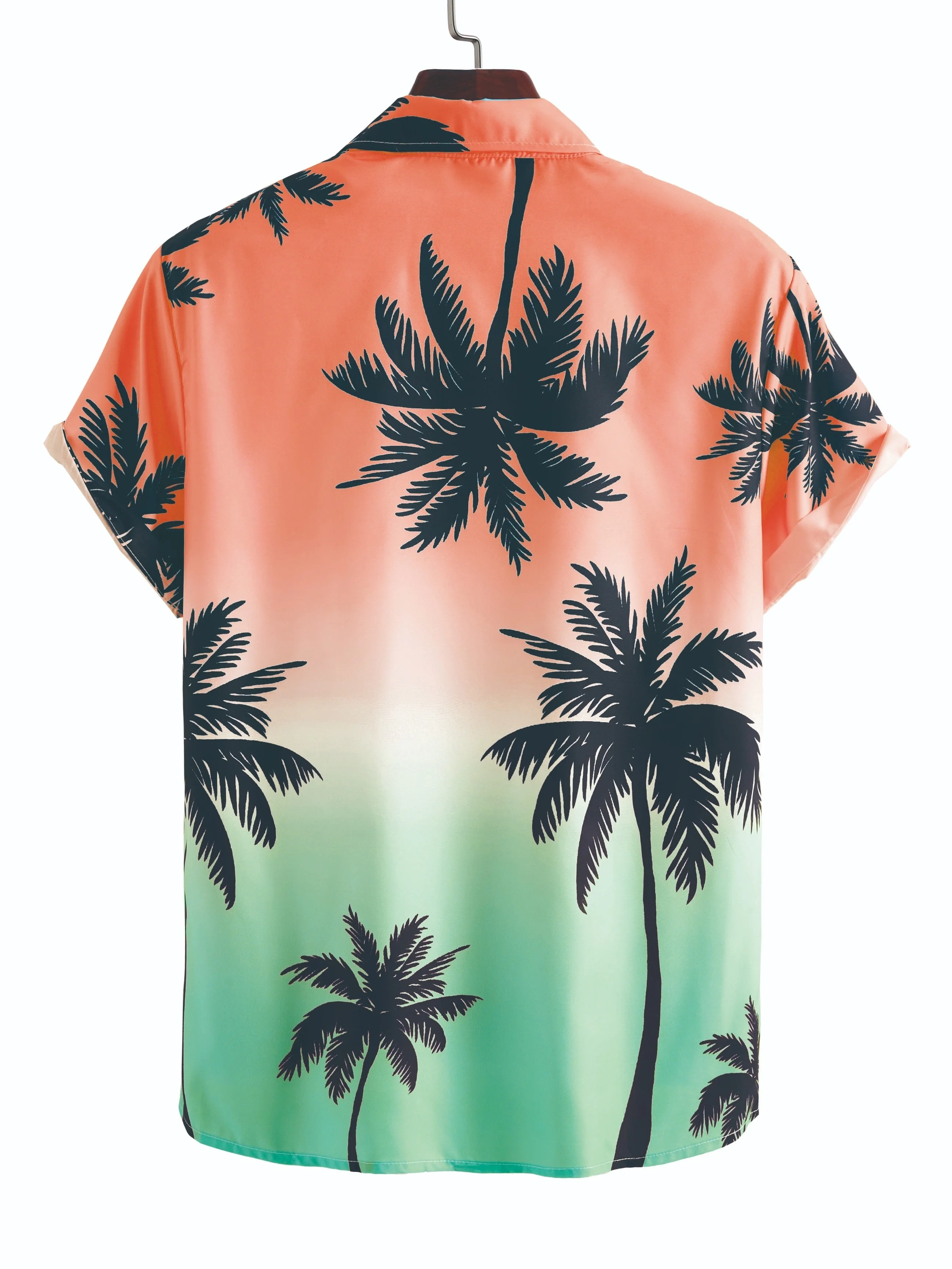 Coconut Tree Pattern Gradient Color Print Men's Short Sleeve Button Down Lapel Shirt For Summer Resort Holiday, Hawaiian Style