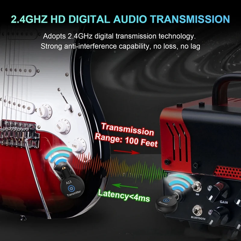 2-In-1 2.4Ghz Wireless Guitar System 48Khz Audio Wireless Guitar Transmitter Receiver Electric Guitar Bass Amplifier
