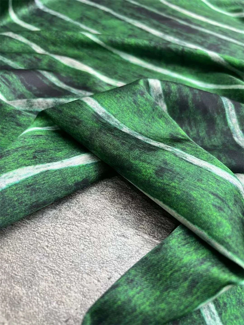 Hot 2023 Summer Tie Dyed Pinstripe Green Silk Fabric Fashionable Brand Skirt Set Scarves DIY Satin Material Mulberry Silk Fabric