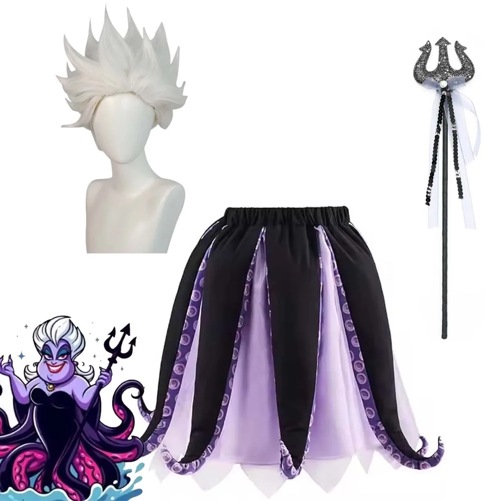 Disfraz de Ursula para fiesta de Carnaval de Halloween, falda negra y morada, peluca, disfraz de bruja marina, tentáculo de pulpo, vestido tutú para mujer
