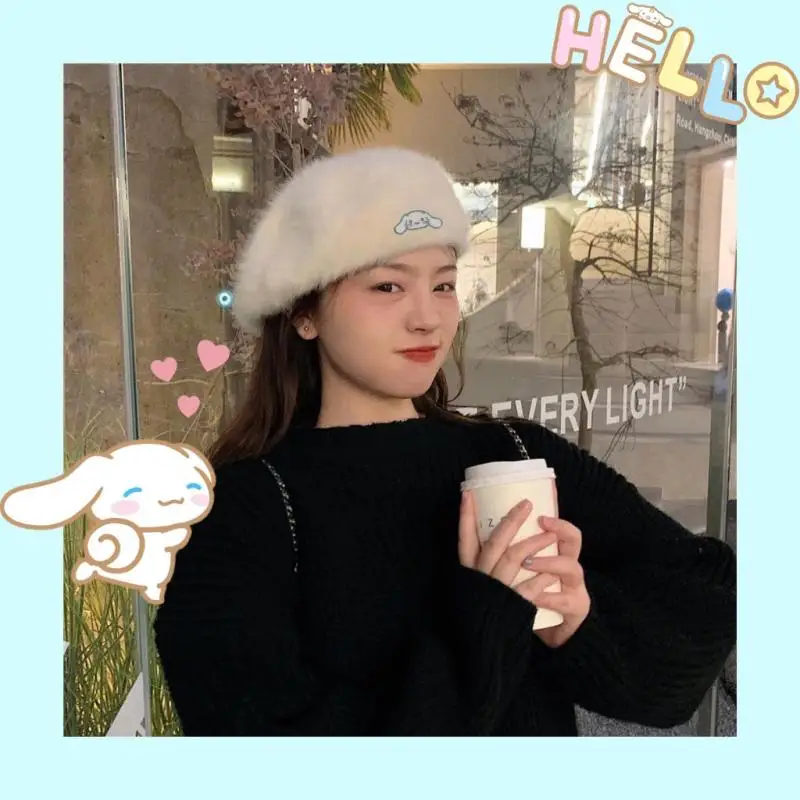 

Kawaii Sanrio Beret Warm and Sweet Cartoon Daily Cinnamoroll Mymelody Hellokitty Girls Have High Face Hat In Autumn and Winter