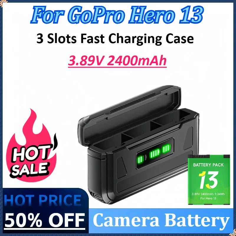 

New 3.89V 2400mAh 9.34Wh For GoPro Hero 13 Battery +Type-C 3 Slots Fast Charging Case Storage Box For Hero 13 Power Accessories
