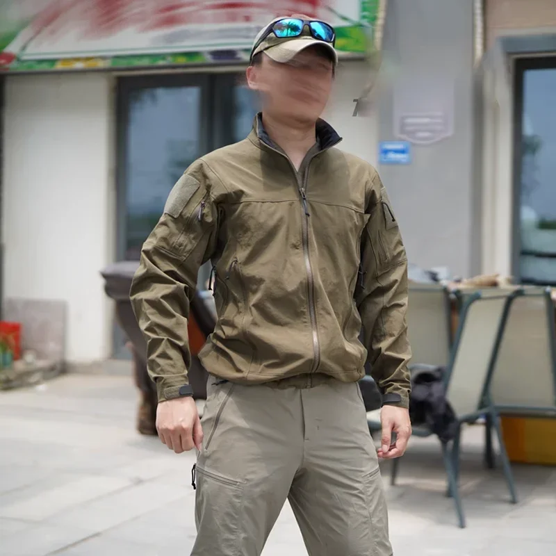 New Crocodile Green Tactical Jacket Hiking Windproof And Breathable Coat Orange Peel Nylon Four-sided Elastic Soft Shell Jacket