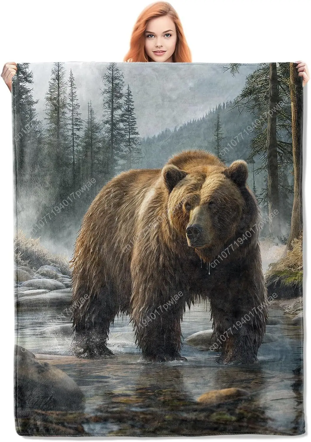 

Brown Bear in Misty Forest Flannel Blanket Realistic Wildlife Soft Throw Blankets Gifts for Women Nature Lovers Custom blankets