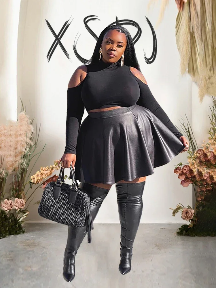 Women Black Plus Size 7XL 8XL 9XL Matte Leather Flare High Waist Pleated Elastic Skirts Ladies PU Elegant Short Skirt New Custom