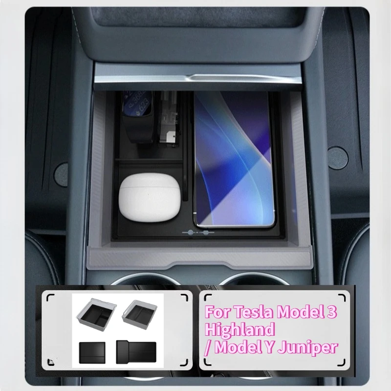

Central Control Storage Box for Tesla Model 3 Highland Model Y Juniper 2025 Transparent Armrest Box Silicone Pad Car Accessories