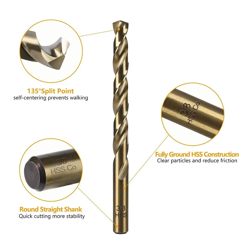 Set di punte da trapano in cobalto 19 pezzi 1/16 "-3/8", punta in acciaio ad alta velocità M35 per metallo temprato, acciaio inossidabile, ghisa e plastica di legno