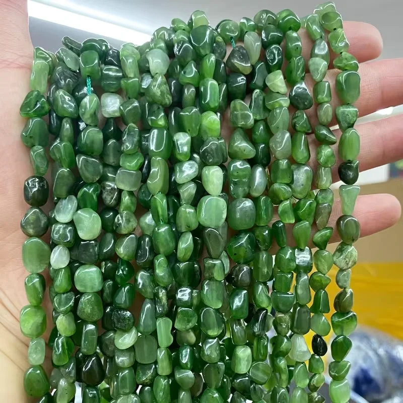 2 strand 6-13MM Natural Russian Irregular Oval Green Jade Loose Beads 15.5
