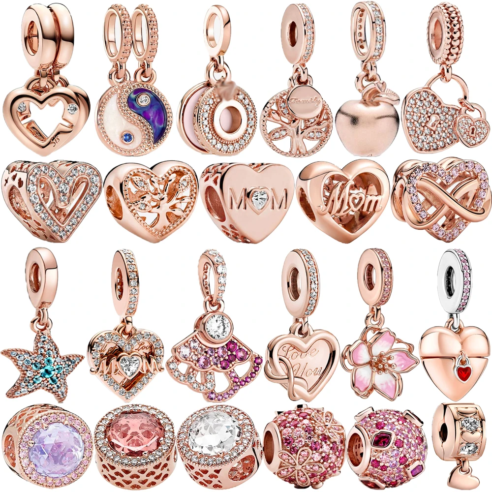 

Hot Sale 2024 925 Sterling Silver Rose Gold Double Hearts&Tai Chi&Apple Starfish Dangle Charm Fit Pandora Bracelet Gift Jewelry