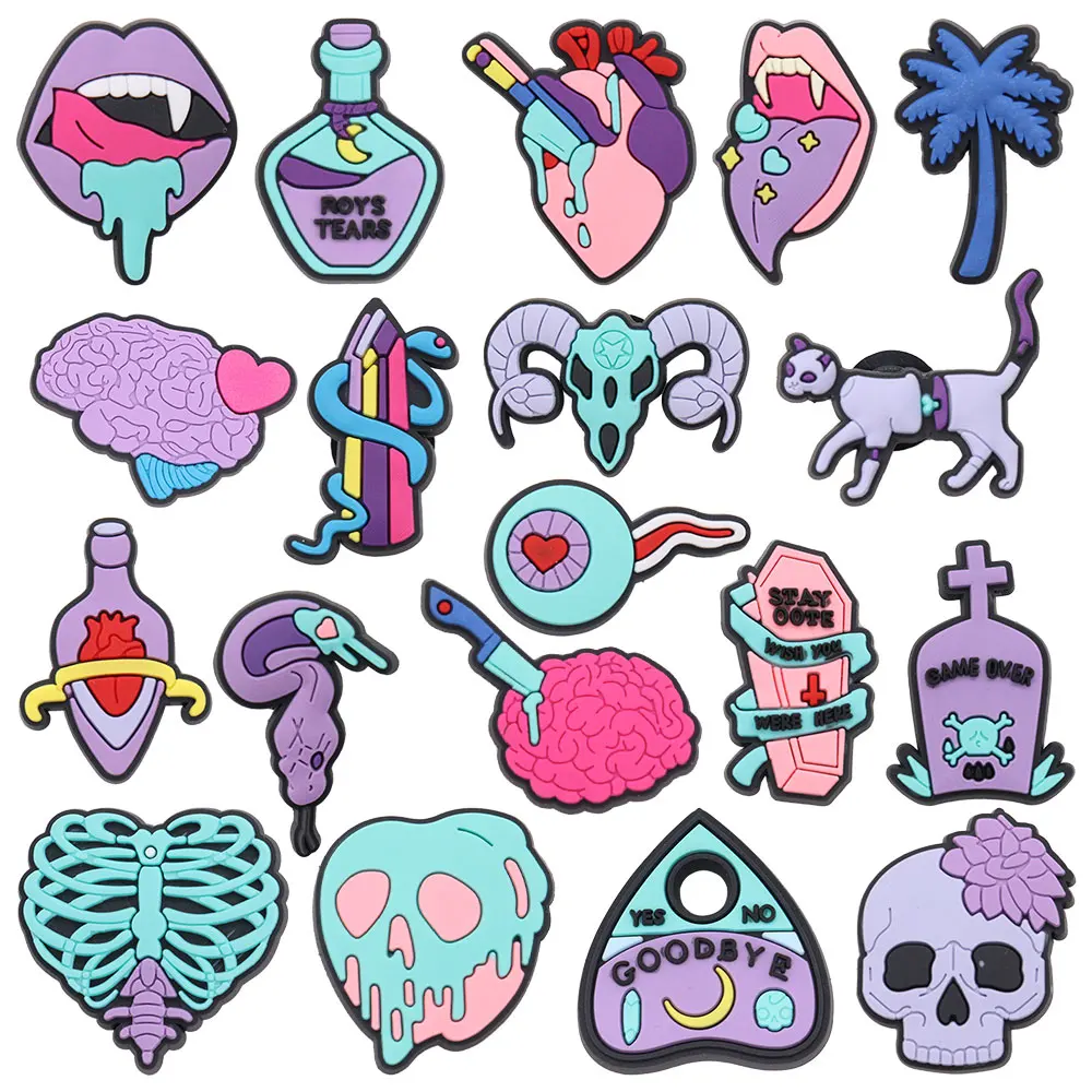 Mix 50pcs PVC Shoe Charms Goodbye Game Over Tears Lips Heart Tree Brain Sheep Skull Buckle Clog Decorations for Bands Bracelets