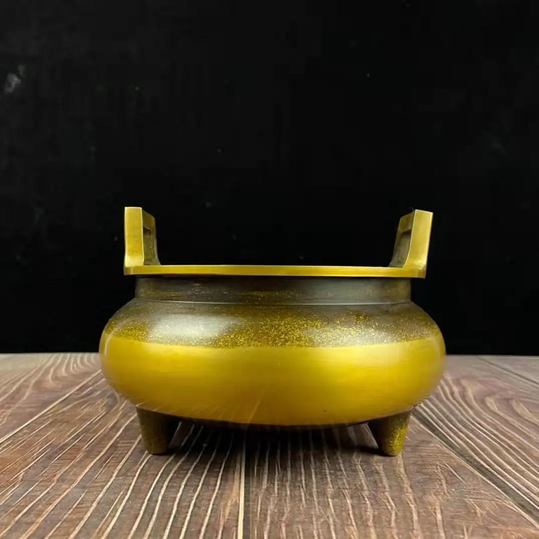 Vintage Two Ear Brass Incense Censer Tripod Base Metal Incense Holder Home Altar Desktop Traditional Craft Decoration