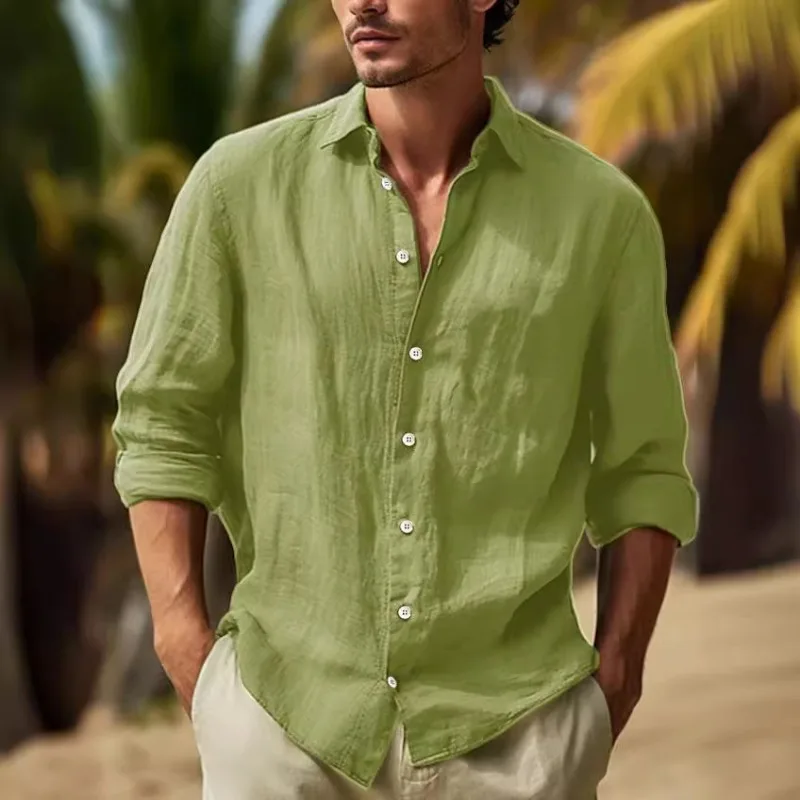 

2026 New Style Cotton Linen Men's Long Sleeve Shirt, Solid Color Lapel, Casual Style Shirt